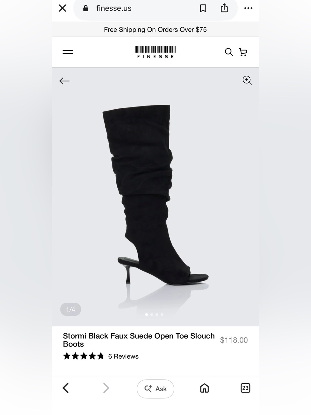 NEW FINESSE black Faux Suede Open Toe Slouch Knee High Boots 9 Stiletto Heel